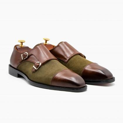 Men Handmade Brown Leather Double Monk Shoes,..