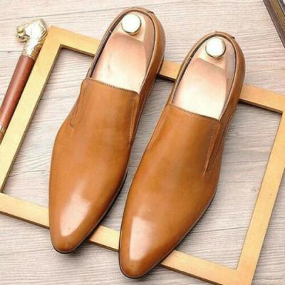 Handmade Men's Tan Round Toe Moccasin Dress Office Shoes, Real Leather Shoes