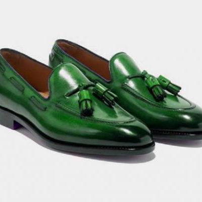 Handmade Men Green Loafer Tassels Shoes