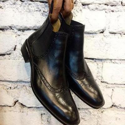 New Handmade Chelsea Pure Leather Black Boots for Men's