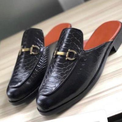 New Handmade Pure Black Crocodile Leather Stylish Open Shoes for Men's