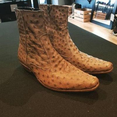 New Handmade Pure Tan Ostrich Leather One Side Zip Boots for Men's