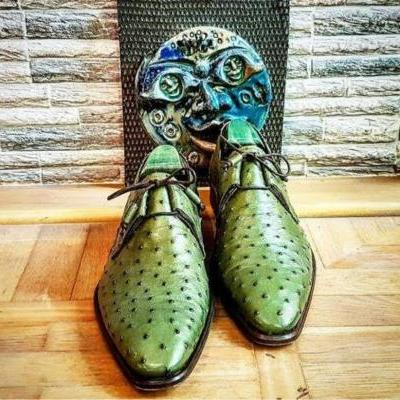 New Pure Handmade Light Green Ostrich Leather Lace Up Stylish Shoes For Men's