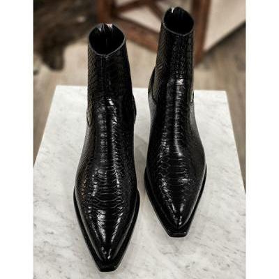 Pure Handmade Made To Order Black Colour Snake Skin Textured Back Zipper Buckle Strap Boots For Men, Designer Strap Boots For Men