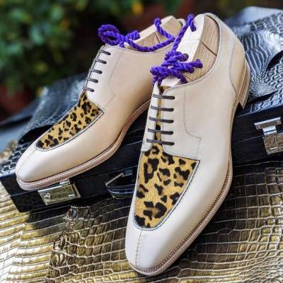 Handmade Men's Off white Black Leopard Haire Skin Shoes, Men's Lace Up Leather Shoes