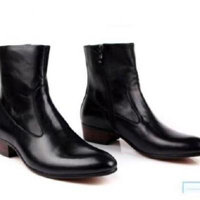 Men black ankle leather boot, Men side zipper ankle boot, Mens riding heel boots