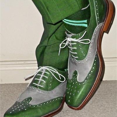 Handmade Men Two Tone Wing Tip Brogue Formal Shoes Men Green & Gray Dress Boot / Formal Business Shoes for Men Best Gift Sale