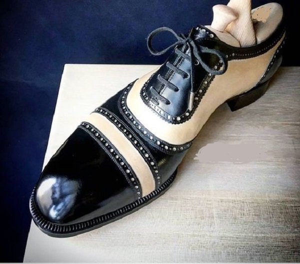 Men Beige And Black Leather Formal Dress Shoes, Office Shoes For Men