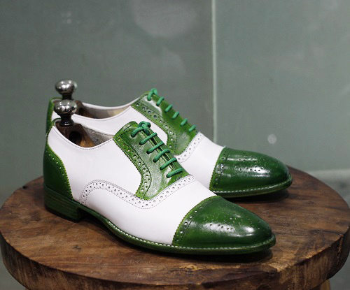 Men's Handmade Leather Shoes Green & White Leather Lace Up Cap Toe ...
