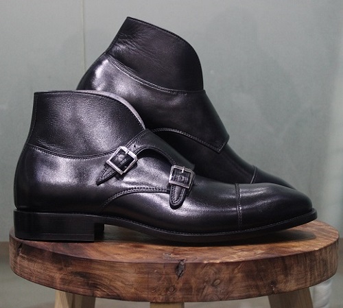 Mens Handmade Formal Black Double Buckle Ankle High Double Monk Boots ...