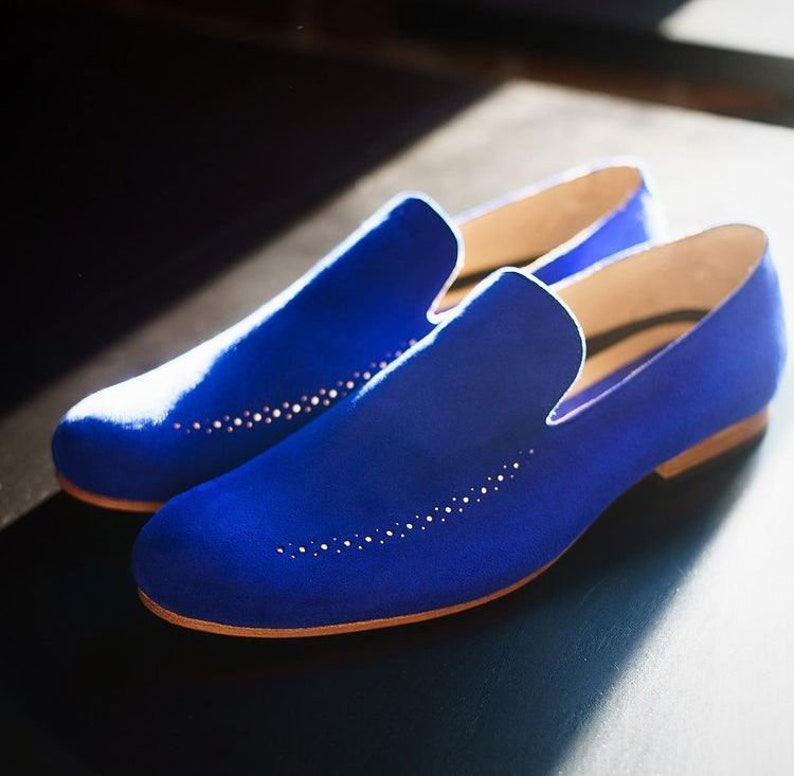 New Handmade Pure Blue Suede Leather Loafer Shoes for Men's