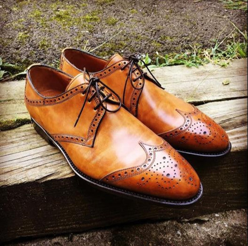 New Pure Handmade Tan Shaded Leather Stylish Lace Up Brogue Shoes For ...