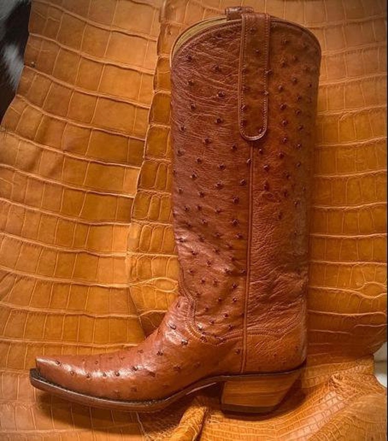 New Handmade Pure Brown Ostrich Leather Cowboy Boots for Men's