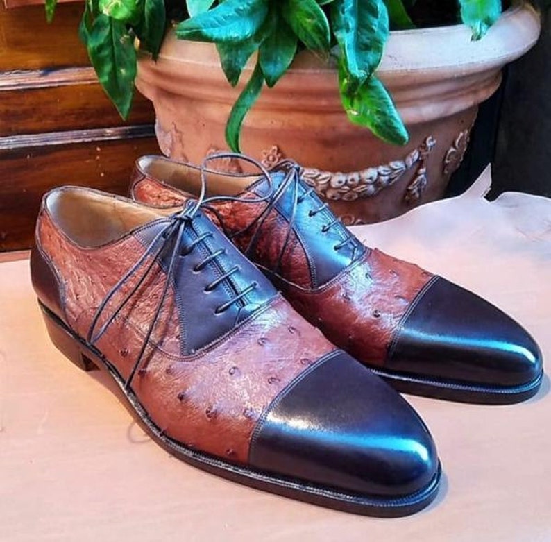 New Pure Handmade Brown Ostrich & Black Leather Lace Up Stylish Shoes For Men's