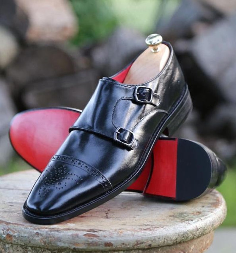 New Pure Handmade Black Leather Double Monk Strap Brogue Shoes For Men's