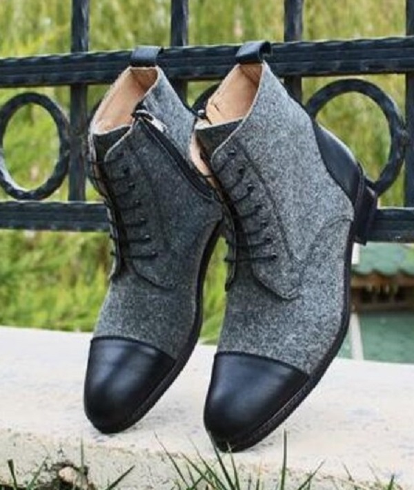 New Pure Handmade Black Leather & Gray Wool Lace up Ankle Boots for Men's