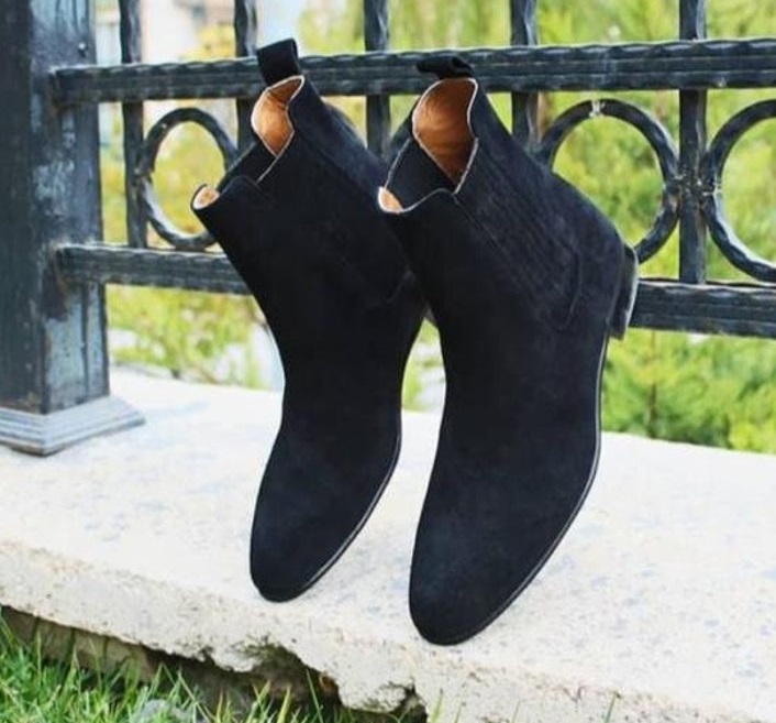 New Handmade Pure Black Suede Leather Chelsea Boot For Men's