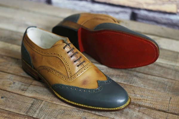 New Pure Handmade Brown & Gray Leather Lace up Brogue Shoes for Men's