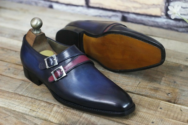 Handmade Blue Double Monk Leather Buckle Strap Two Tone Shoes, Formal Shoes