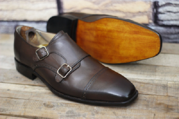 Handmade Leather Dark Brown Double Monk Buckle Strap formal Shoes