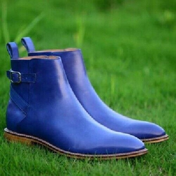 Handmade Men Blue Leather Casual Chelsea Boots Men Jodhpurs Ankle High Boots On Luulla 