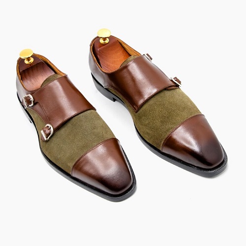 Men Handmade Brown Leather Double Monk Shoes, Green Suede Monk Shoes, Men Monk Office Shoes, Men Shoes