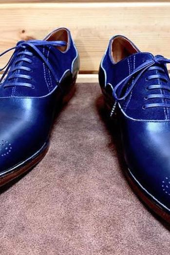 Handmade Men Blue Awesome Brogue Shoes