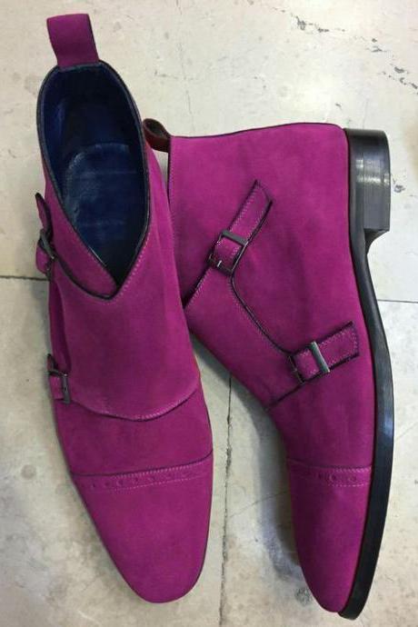 Men Monk Boot, Men Purple Custom Suede Monk Strap Double Monk Fashion Wearing Boot