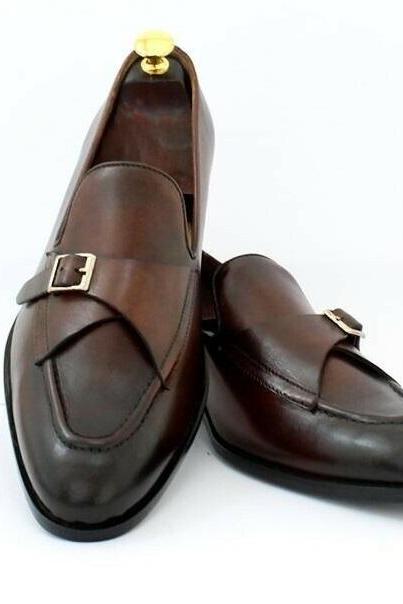 Handmade Men&amp;#039;s Brown Monk Strap Round Toe Dress Shoes, Real Leather Shoes
