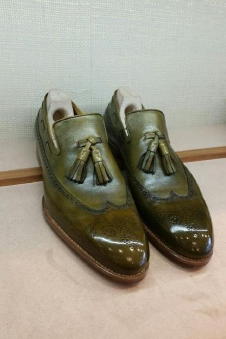 Loafer Slip On Green Brogue Wingtip Tassels Handcrafted Men Leather Dress Shoes