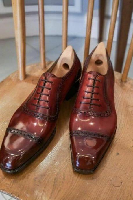 Handmade Oxford Burgundy Shaded Leather Lace Up Brogue Dress Shoes For Men&amp;#039;s