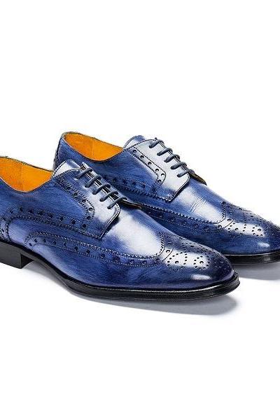 Rounded Full Brogue Wing Tip Blue Oxford Genuine Leather Lace Up Handmade Black Sole Shoes