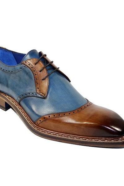 Blue Brown Two Tone Vintage Leather Rounded Burnished Derby Toe Handmade Lace Up Shoes