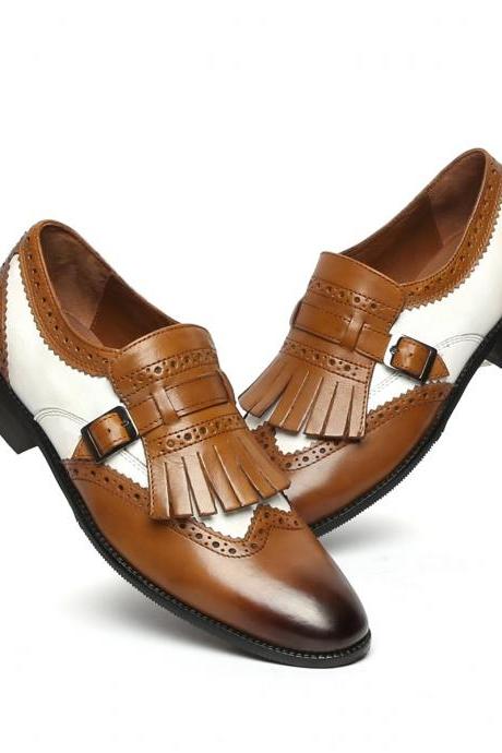 Brown White Cont Single Buckle Monk Strap Fringed Real Leather Wing Tip Burnished Derby Shoes
