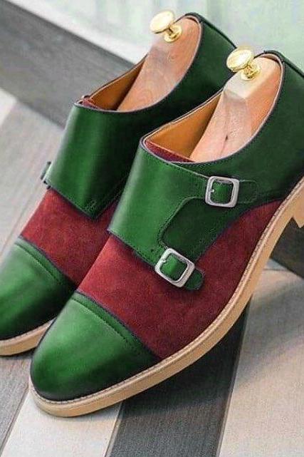 Double Buckle Strap Maroon Suede Green Genuine Leather Derby Cap Toe Handmade Monk Shoes