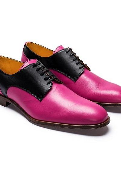 Oxford Pink Genuine Leather Lace Up Two Tone Black Derby Toe Handmade Fashion Shoes