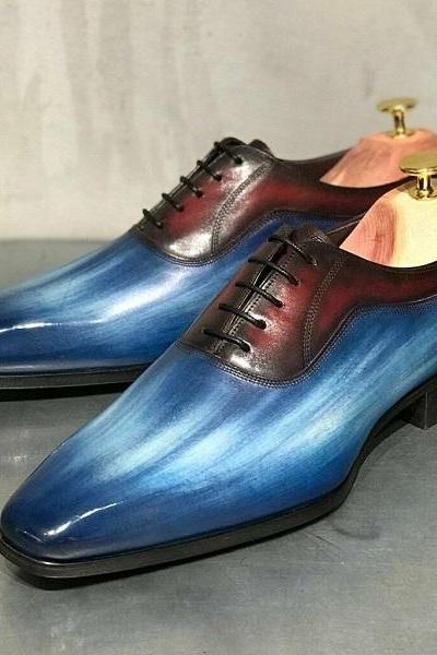 Oxford Blue Brown Patina Hand Painted Real Leather Derby Toe Lace Up Black Sole Shoes
