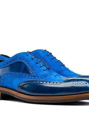 Two Tone Suede Blue Wing Tip Full Brogue Toe Vintage Leather Lace Up Handmade Shoes