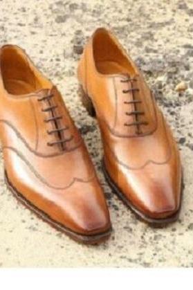 Handmade Tan Leather Wing Tip Shoes With Lace Up Closure, Dress Shoes For Men