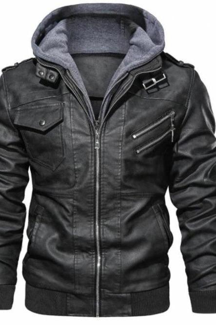 Men Black Leather Bomber Style Leather Jacket With Hoodie, Baseball Jackets