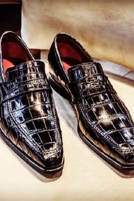 Handmade Men Black Alligator Textured Leather Moccasin Dress Shoes For Men, Men Formal Dress Shoes
