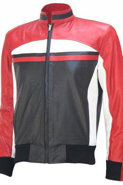Men Black, White And Red Leather Jacket, Men Multicolor Leather Fashion Jackets, Men Biker Jackets