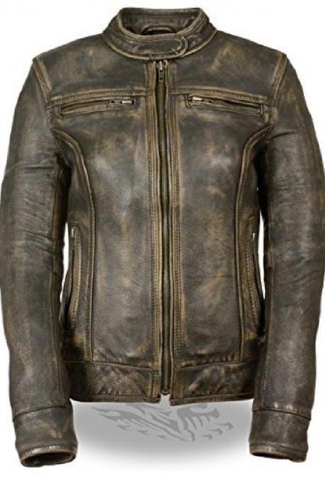 Ladies Distressed Brown Leather Scooter Jacket Triple Stitch