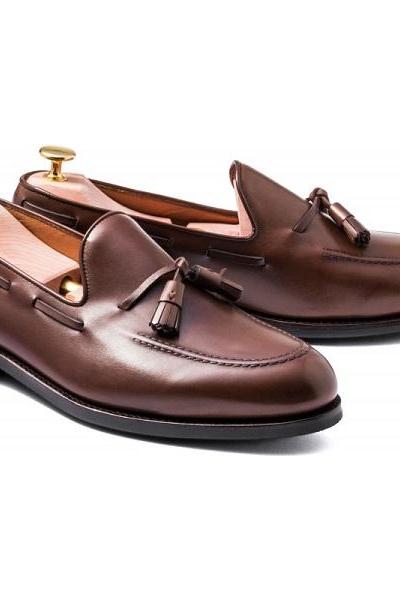 Loafer Style Brown Color Tassel Pointed Toe Slip On Men Leather Shoes