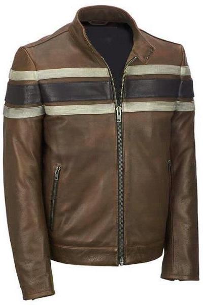 Handmade Men Brown Leather Jacket &amp;amp;amp; Navy Blue White Strip Leather Biker Jacket