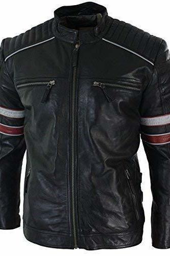 Men Racing Black Biker Jacket Red White Stripes Real Leather Casual Slim Fit Black
