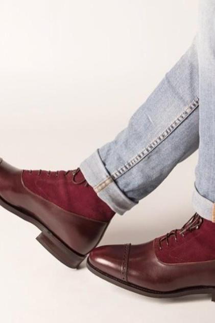 Handmade Men Cap Toe Two Tone Leather Ankle High Boots, Men Burgundy Lace Up Ankle Boots