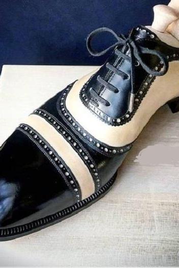 Men Beige And Black Leather Formal Dress Shoes, Office Shoes For Men, Handmade Leather Shoes
