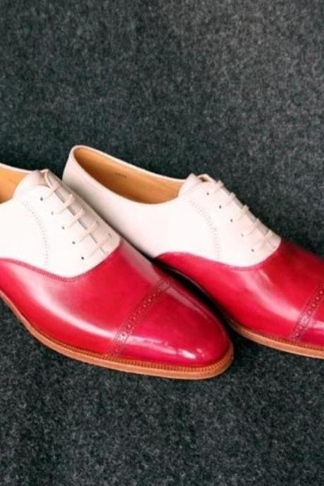 New Pure Handmade Red & White Leather Lace Up Shoes For Men's