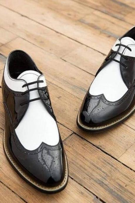 New Pure Handmade Black & White Patent Leather Lace Up Shoes For Men's